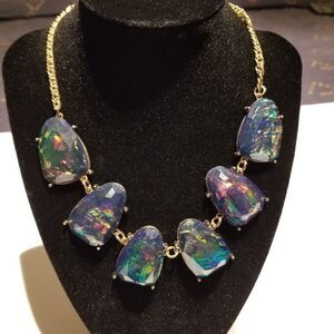Aurora Borealis Statement Bib Pendant Necklace Blue Gold Tone Adjustable Chain